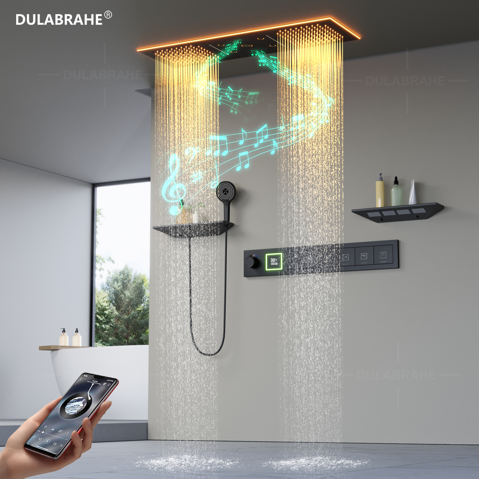 Black Recessed 36*12 Inch Music LED Shower Head Bathroom Constant Temperature Rain Waterfall Shower Head Massage SPA