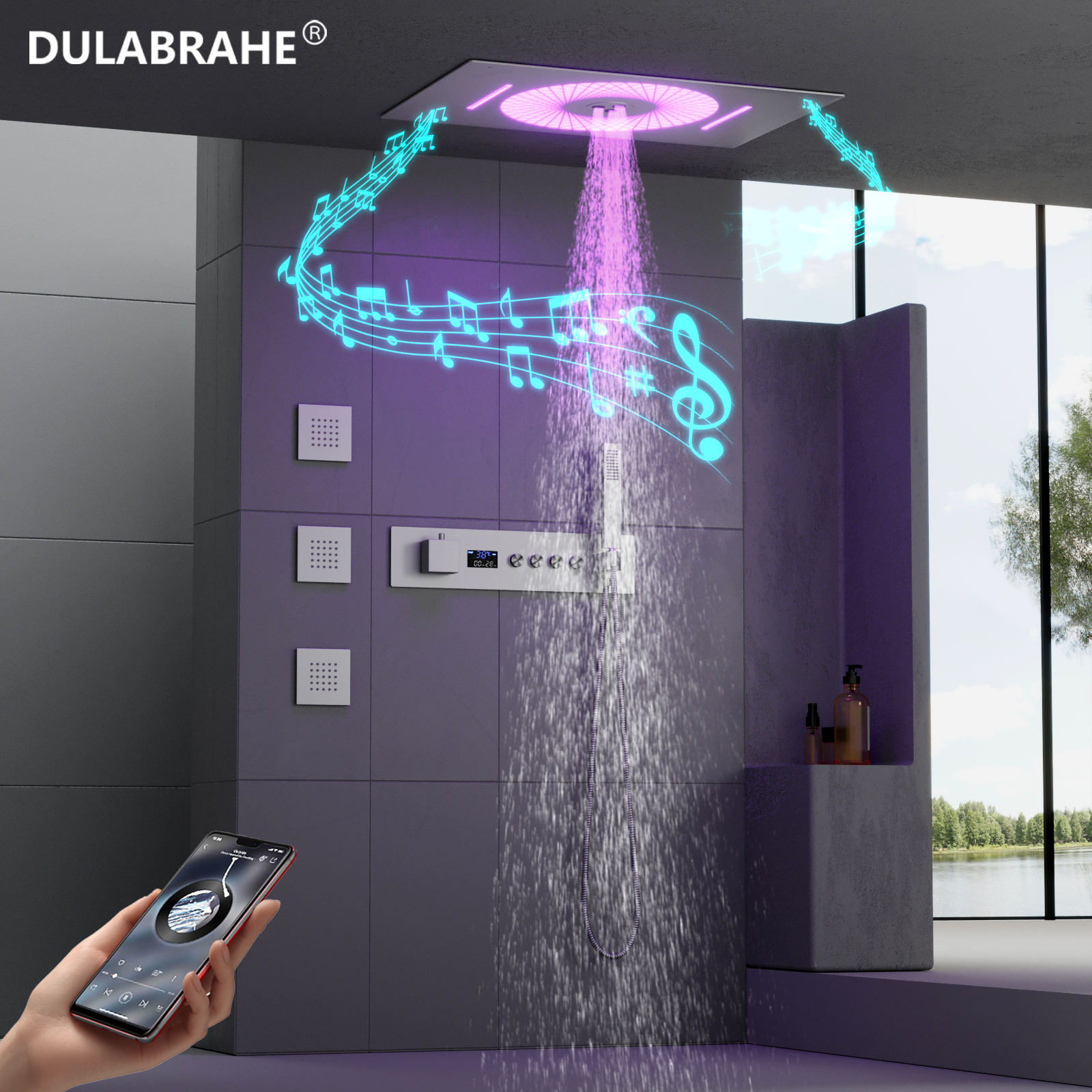 Ceiling Recessed Brushed LED Shower Head with Digital Display Waterfall Column Bathroom Thermostatic Shower Head Set System
