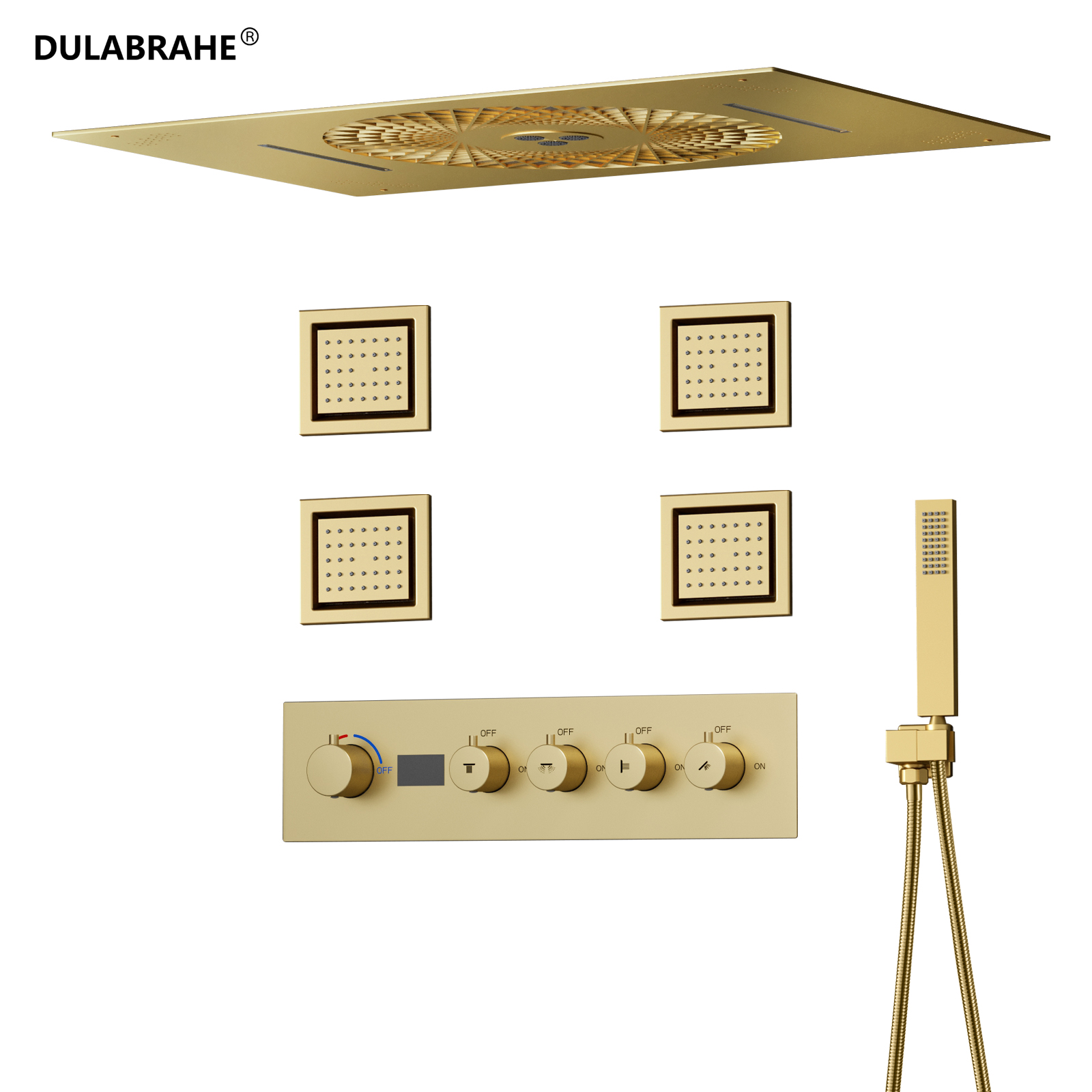 Brushed Gold Music LED Shower System Rain Shower Head Set with Digital Hot And Cold Mixing Valve