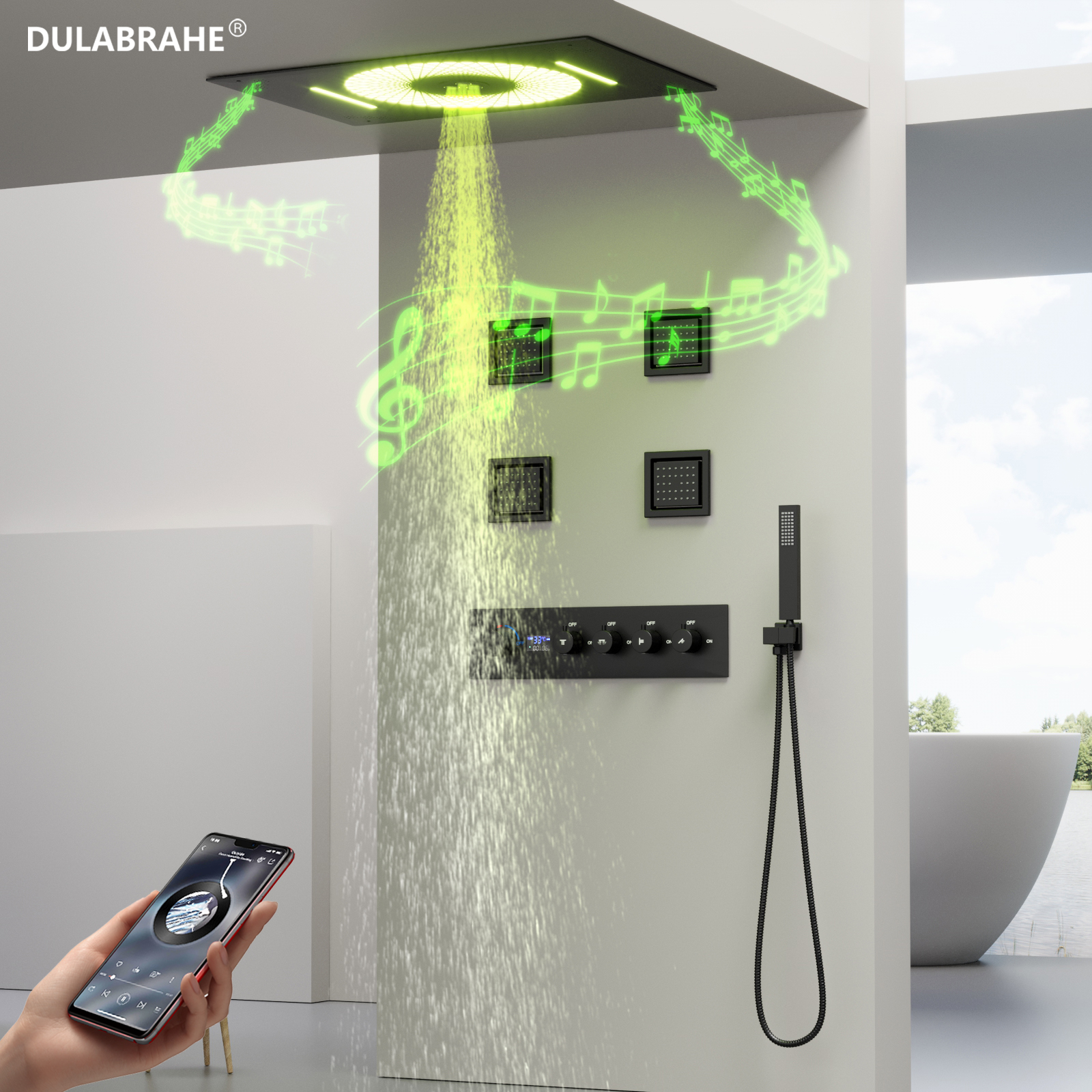 LED Smart Hot & Cold Diverter ValveWater Shower System Faucet Brass Square Modern Home Hotel Brushed Gold Shower Set Body Shower Head