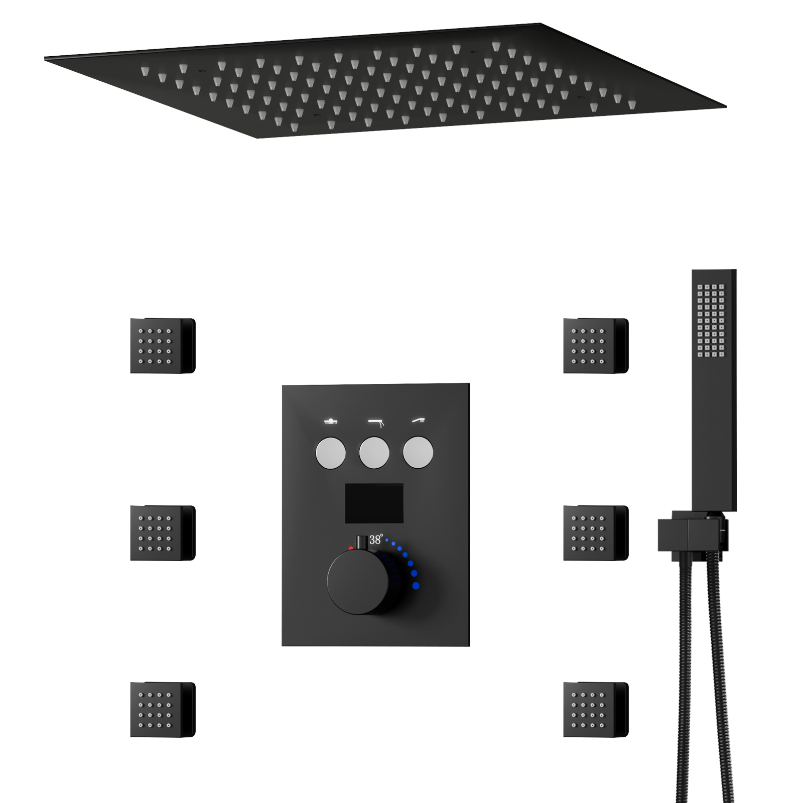 Thermostat 64 LED Color Rain Shower System 3 Function Buttons Digital Display Shower Valves Faucet Set