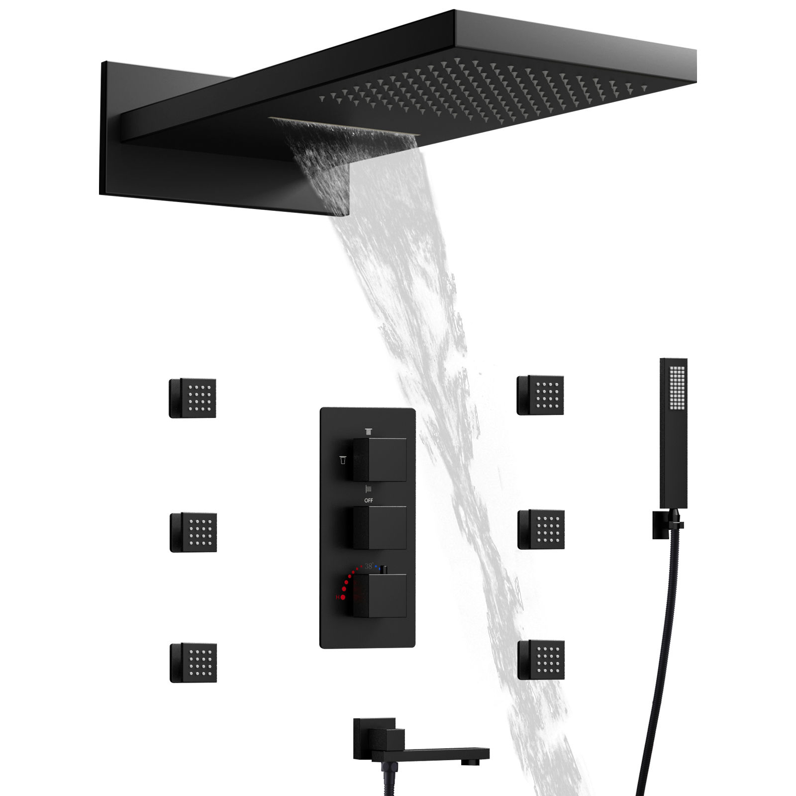 Black Shower Head Set Rain Gauge Bathroom Wall Mounted Brass Faucet Bathtub Waterfall Shower Faucet System
