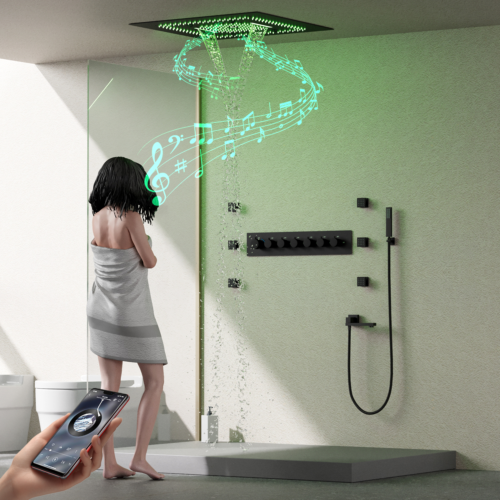 60X60CM BATHROOM THERMOSTAT SHOWER FAUCET WITH VALVE CONCEALED MUSIC SHOWER SET