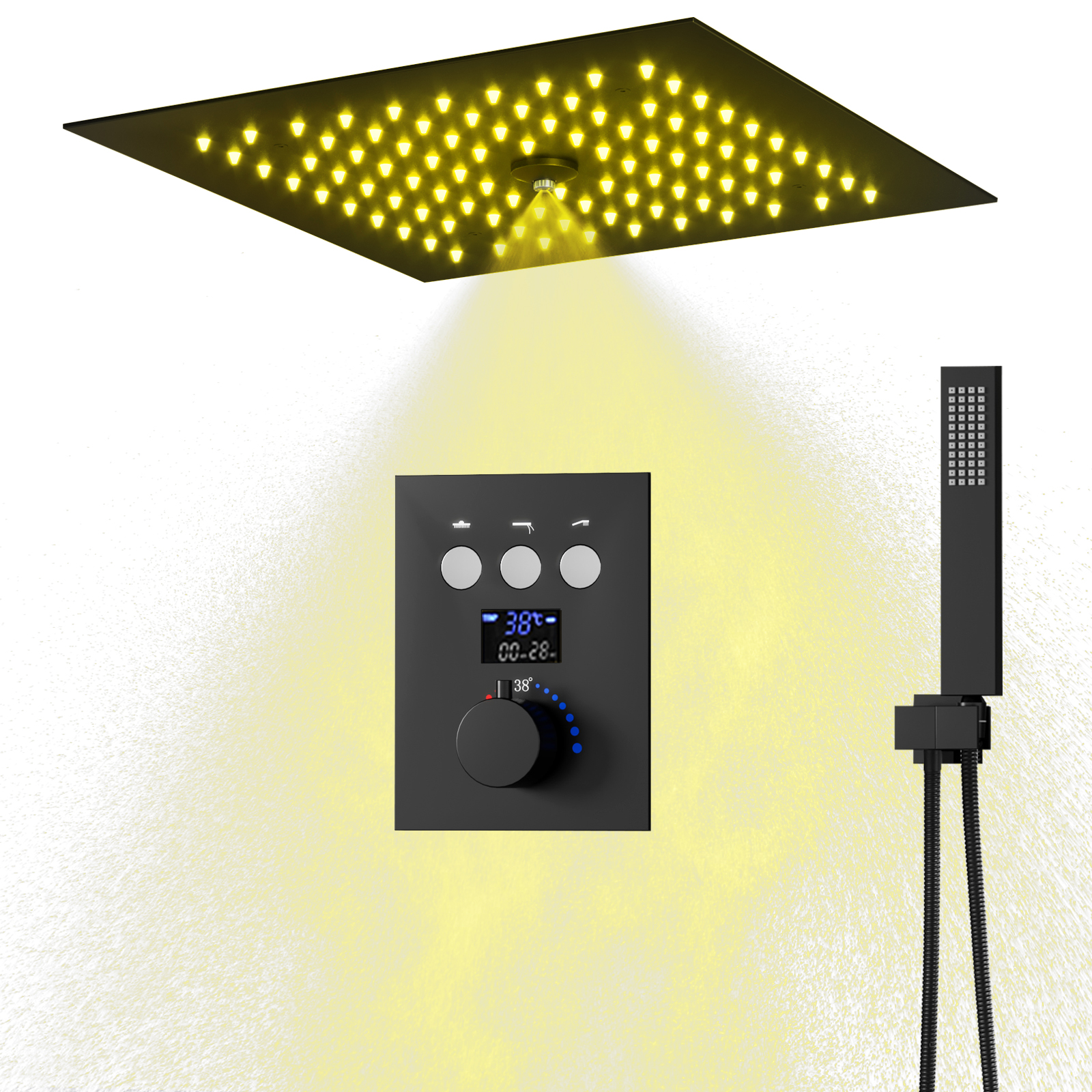 Matte Black Square LED Rain Shower Head Set Bathroom Thermostatic Shower Head System