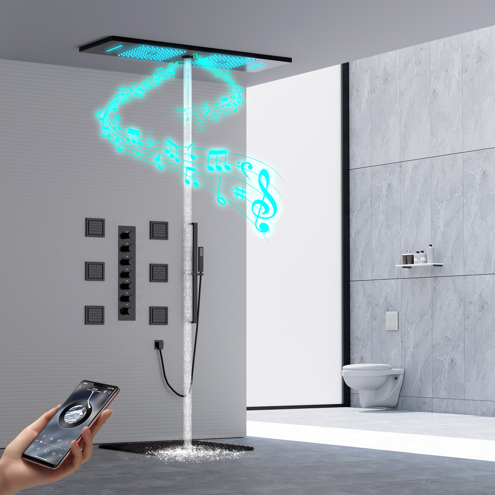 LED Shower Set Ceiling Embedded Rain And Waterfall Shower Head with Music Speaker Bathroom Shower Faucet And Valve