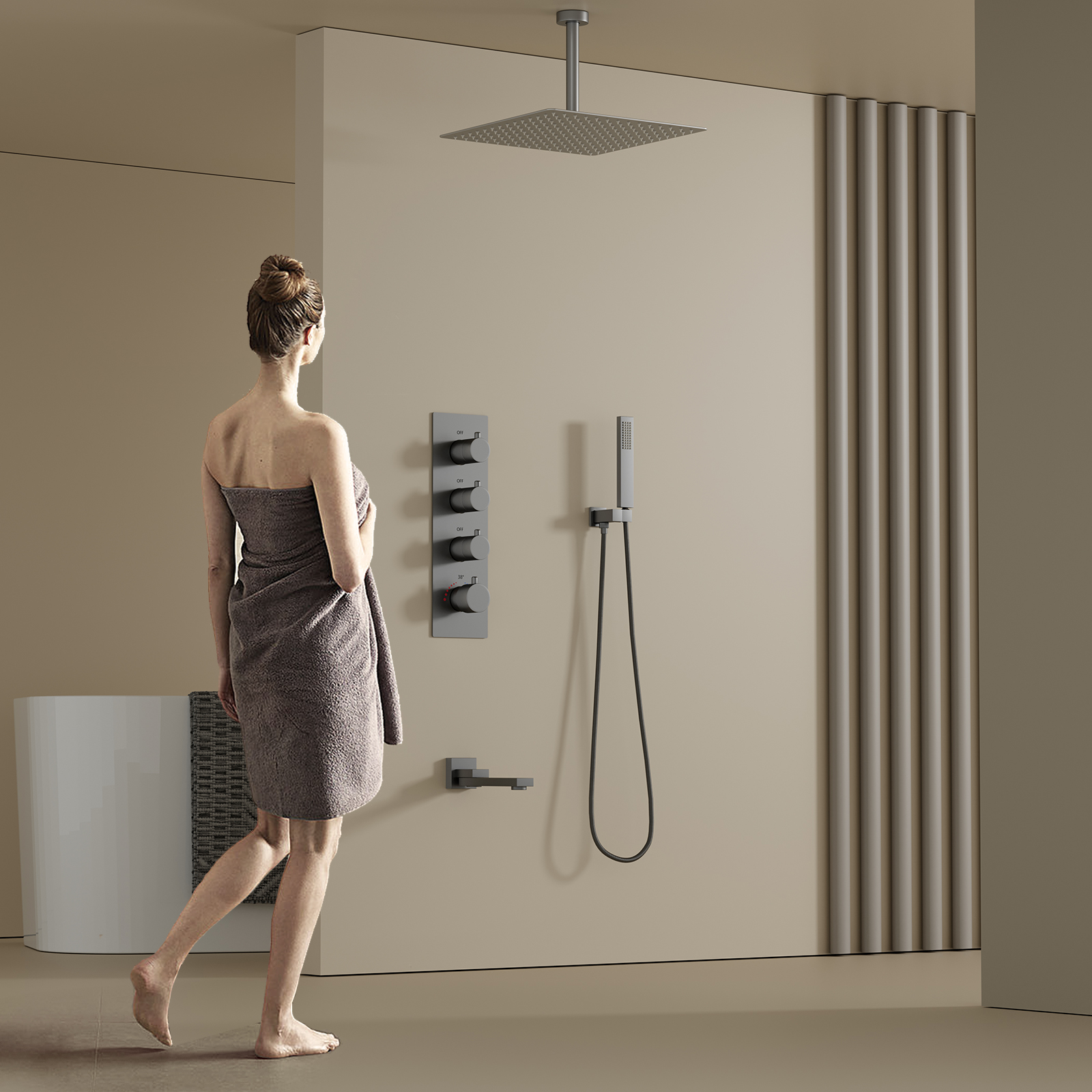 Brass Gun Grey 3 Function Bathroom Rain Shower System with Shower Head And Hose Set