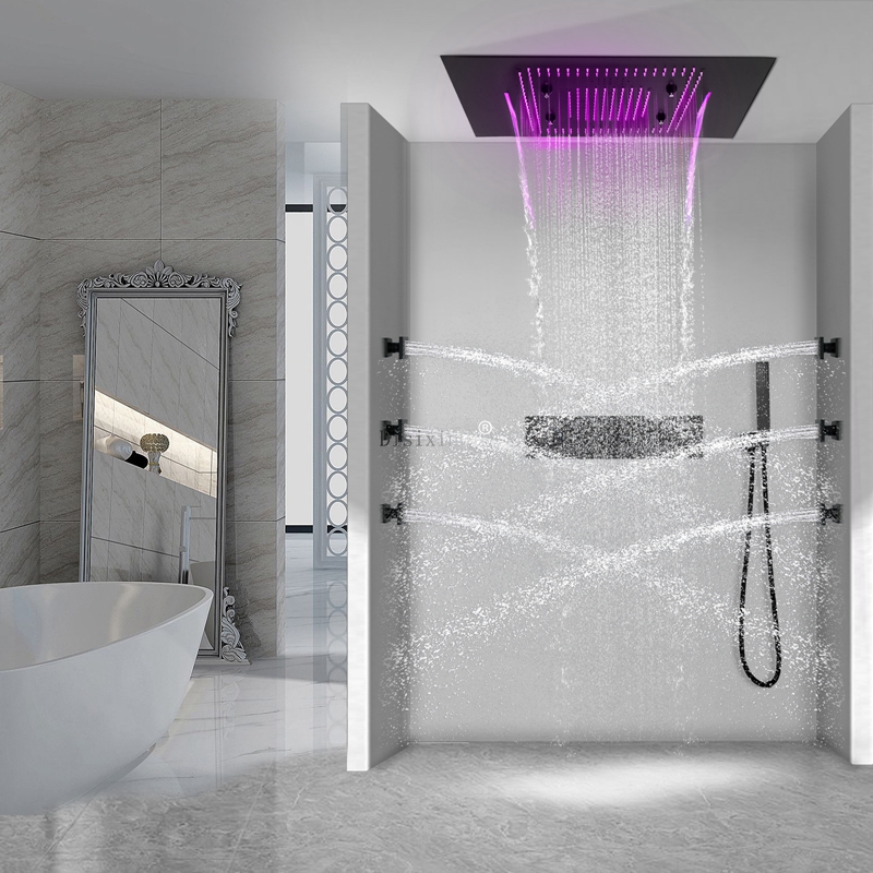 Ceiling Embedded 24*32 Inch LED Shower Head with Music Speaker Mist Rain And Waterfall Brass Thermostatic Shower Faucet Set