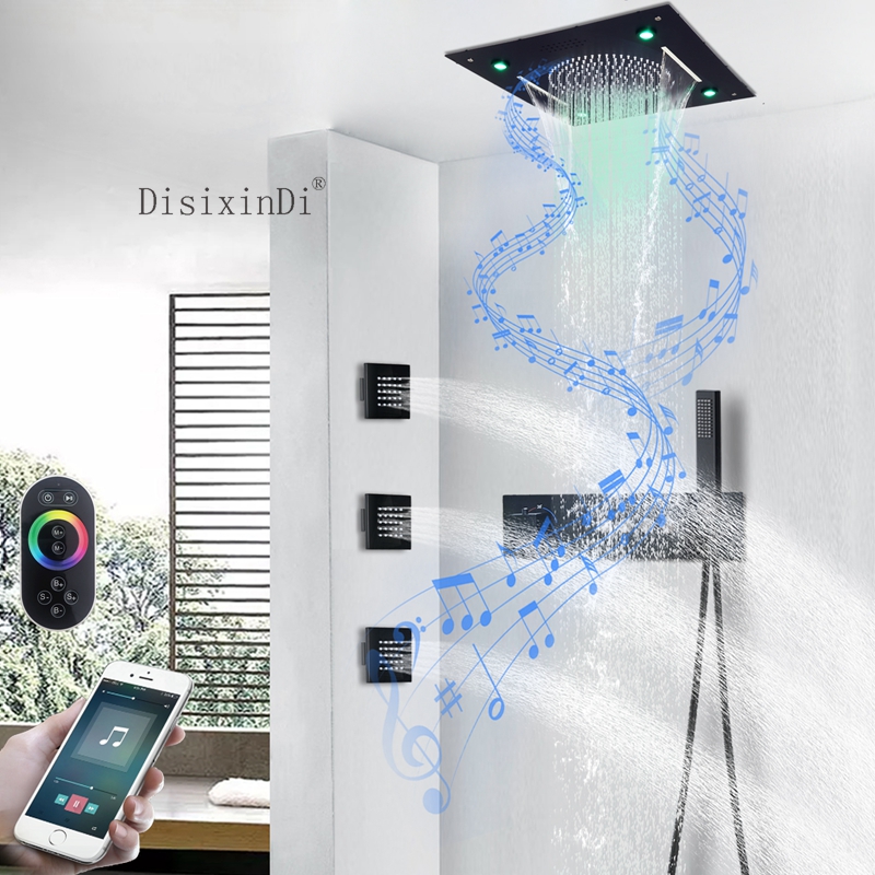 LED Shower System 16 Inch Rain Waterfall Music Shower Head Ceiling Mounted Bathroom Thermostatic Shower Mixer Set
