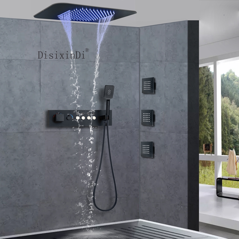 Ceiling 23*15 Inch LED Shower Head with Music Speaker Rain And Waterfall Shower Bathroom Thermostatic Shower Faucet Set