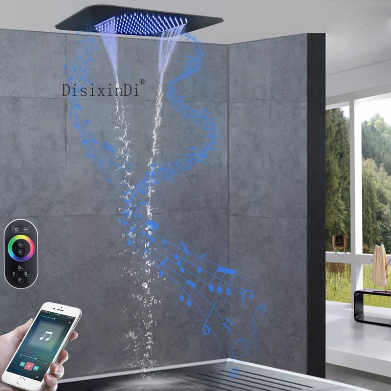 Matte Black 580*380 Bathroom Rainfall Waterfall Remote Control LED Shower Faucet With Music Function Shower Head