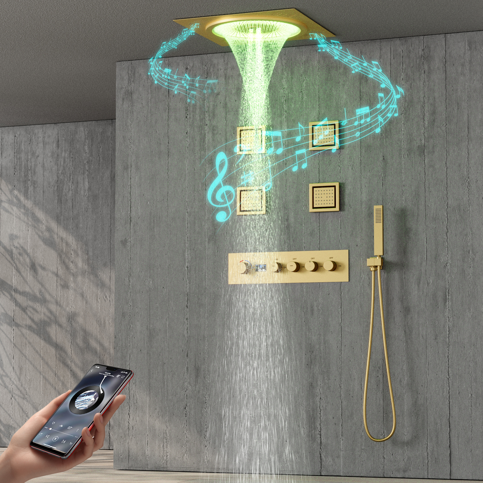 New Design Deluxe Digital Display 5 Features Shower Head Rain Shower with LED And Music Wall Mounted Shower Faucet Set