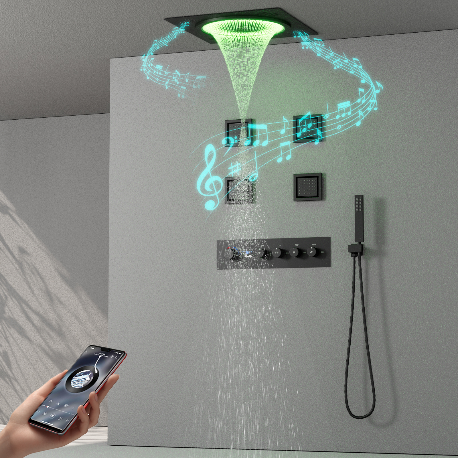 Whole Body Thermostatic Shower System LED Music Rain Shower Shower System Ceiling Mounted Water Bathroom Faucet