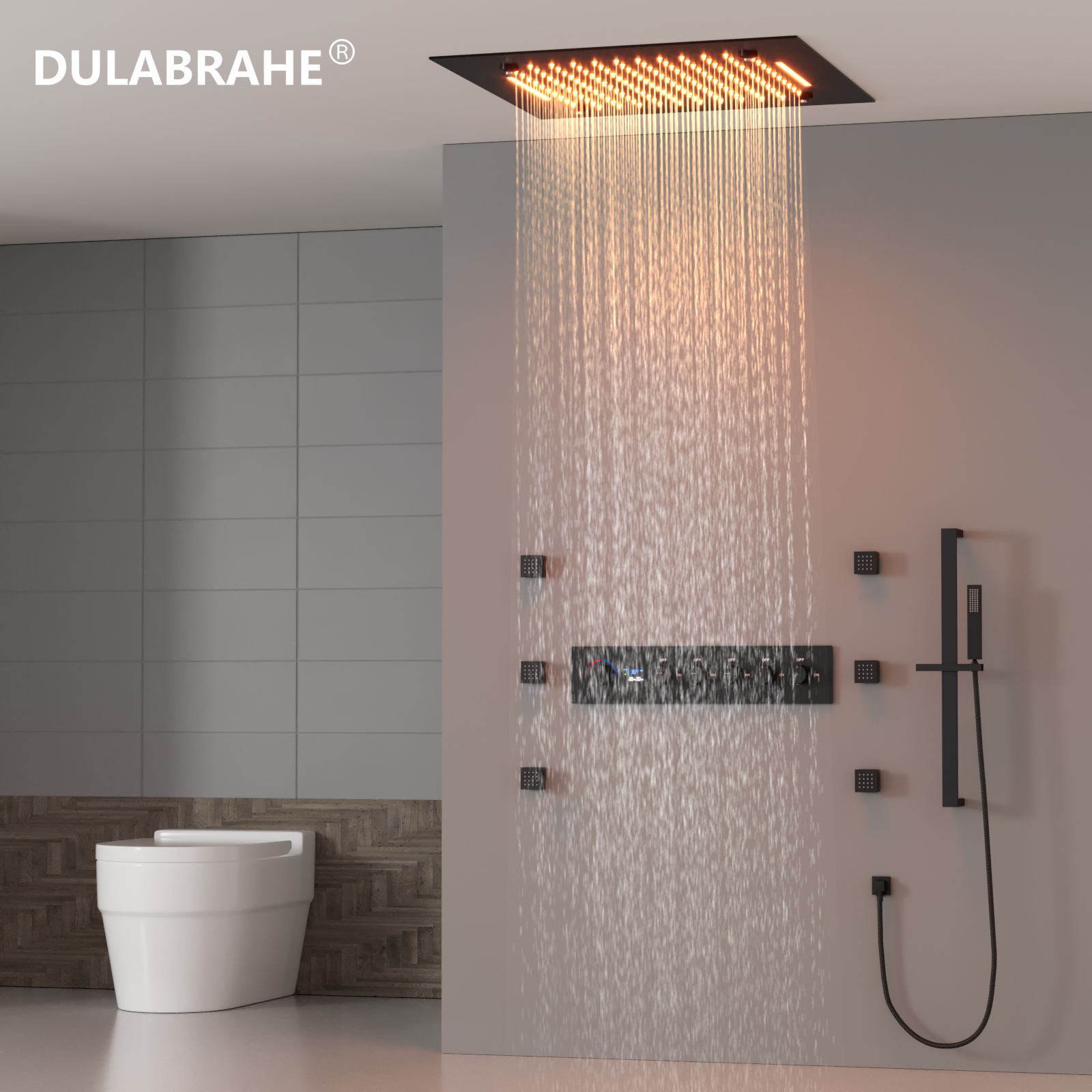 Faucet Set, Digital Display, LED Hot And Cold Mixing Valve, Matte Black Ceiling, Rain Shower, Hidden Shower, with Handheld Showerhead