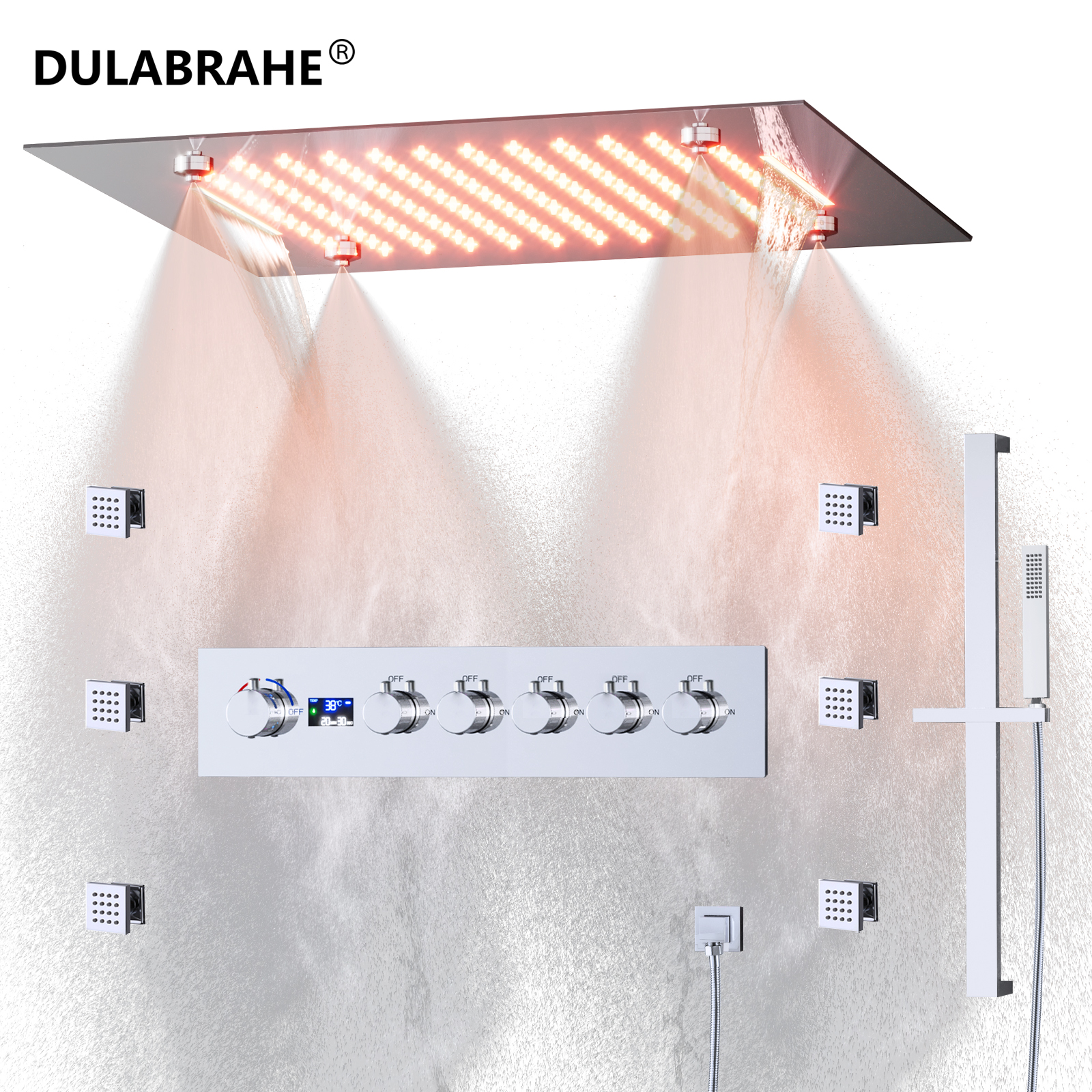 5-feature Luxury Bathroom Shower Faucet Chrome-plated Glitzy LED Wall-mounted Hot & Cold Shower Rain Set with Music