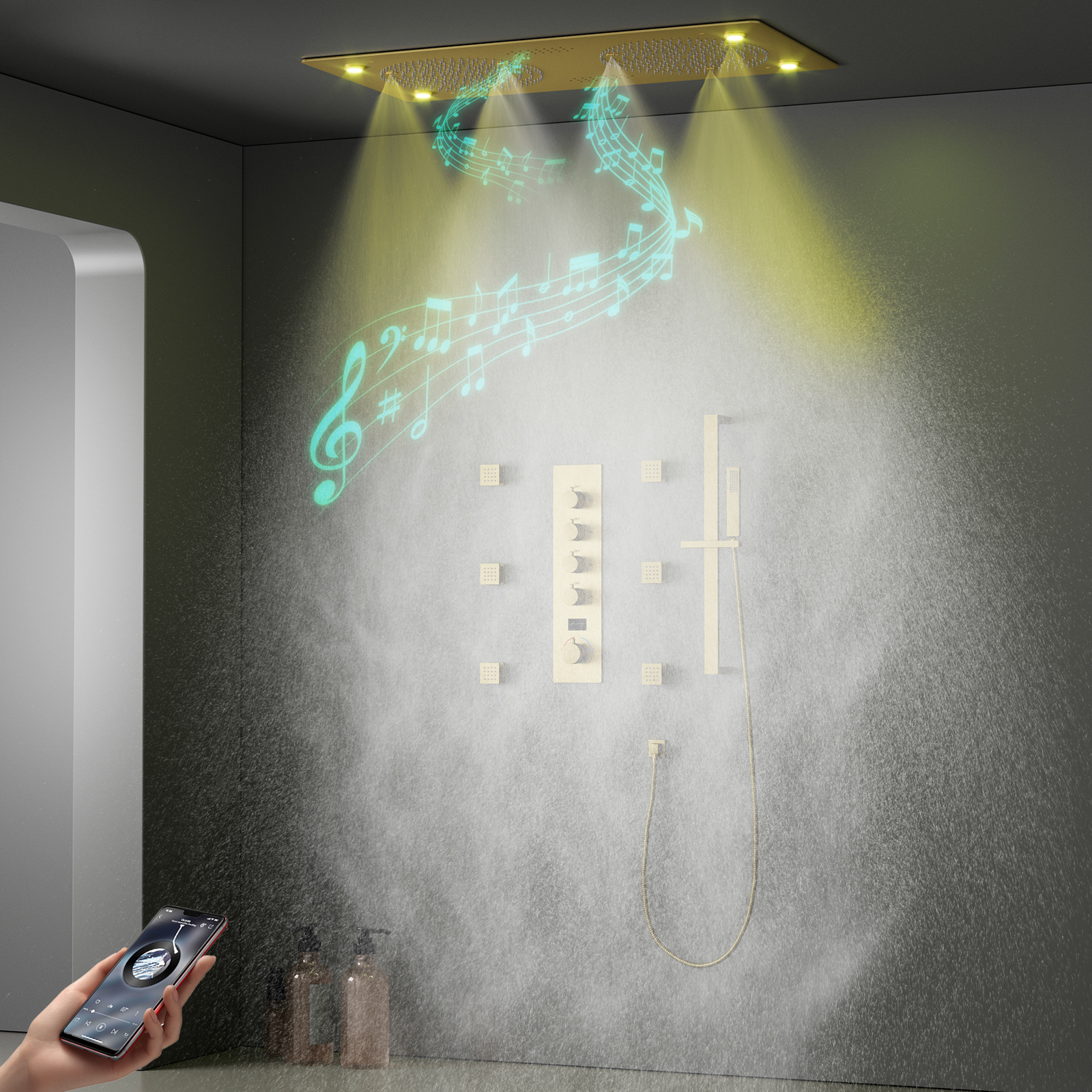 Hidden Ceiling Brushed Gold LED Music Shower System Thermostat Bathroom Shower Set with Lift Lever Handheld Shower