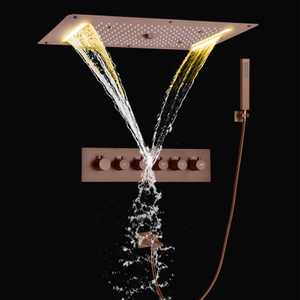 Brown 700X380 MM Thermostatic Bathtub Shower System LED Bathroom Rainfall Waterfall With Handh