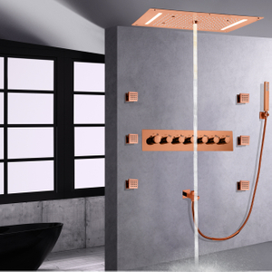 Rose Gold LED In Wall Mounted Rain Concealed Shower Set Bathroom Thermostatic Waterfall Spa
