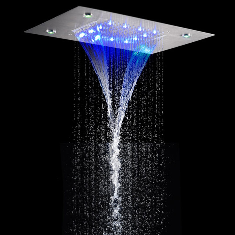 Brushed Nickel Shower Faucets 50X36 CM LED 7 Colorful Bathroom Embed Ceiling Bifunctional Waterfall Rainfall