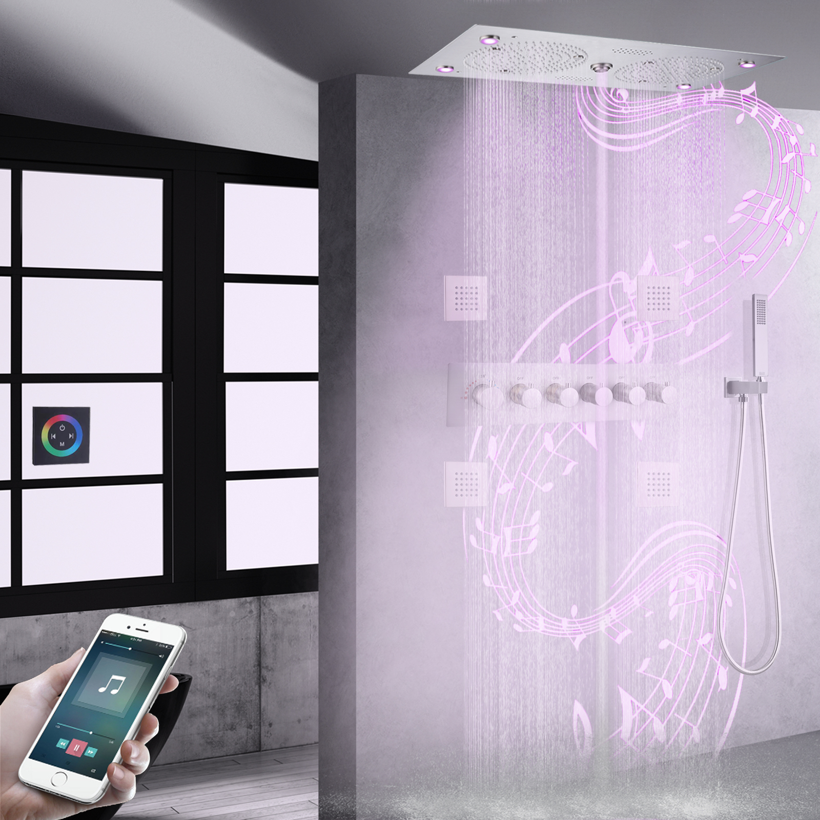 Modern Brushed Nickel LED Bathroom Music Shower Faucet Thermostatic Mist Rain With Handheld Douche