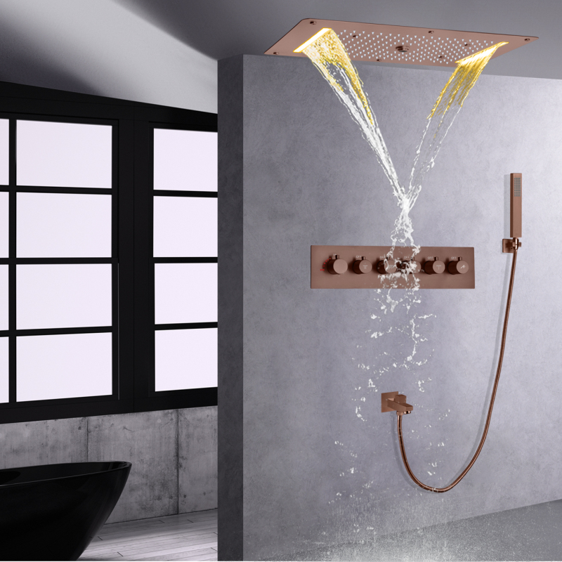 Brown Thermostatic Bathtub Shower System 700 X 380 MM LED Bathroom Shower Faucet Rainfall Shower Set