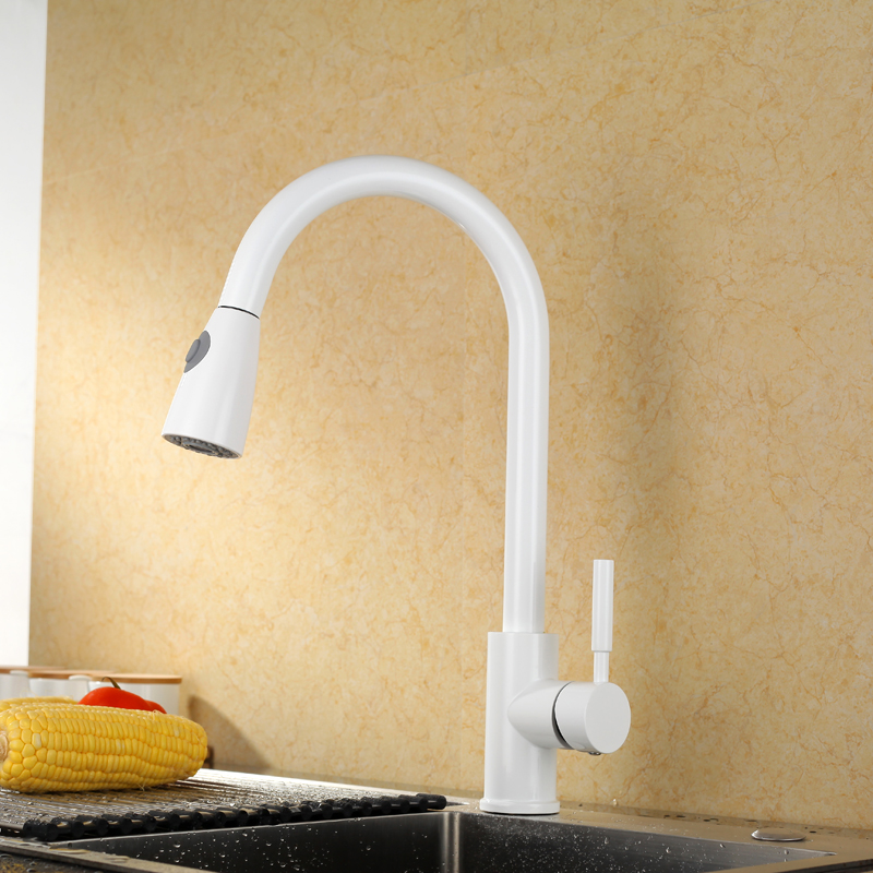 Hot Sales White Luxury Sink Bifunctional Contemporary Kitchen Faucets Pull Out Single Handle
