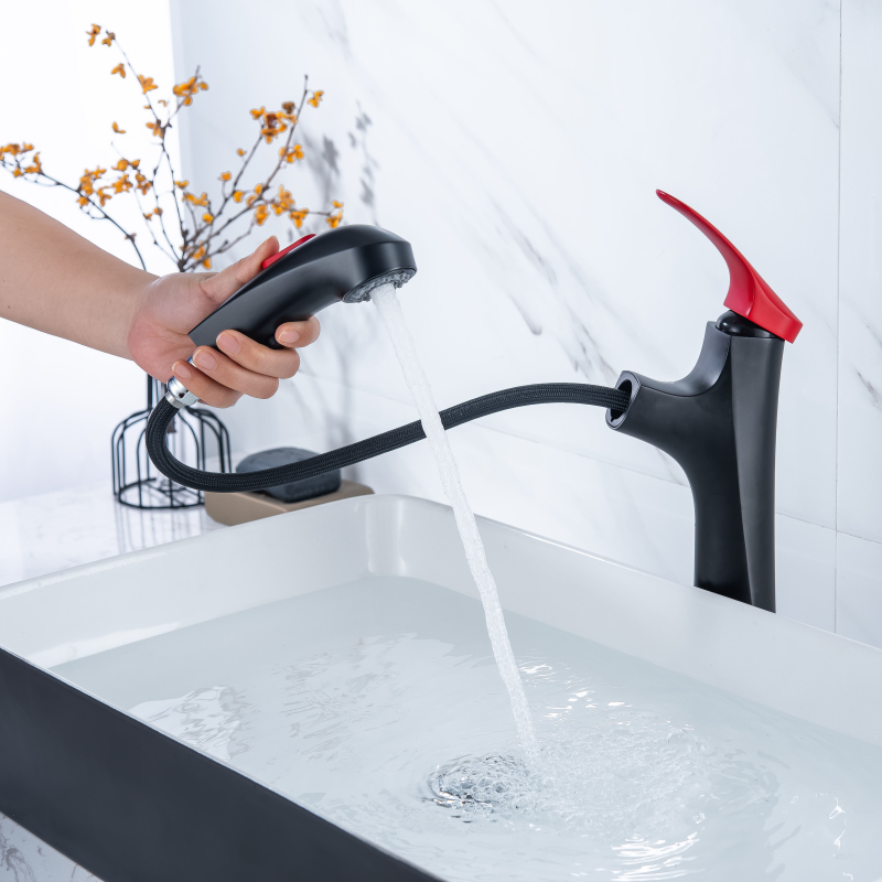 High Quality Black + Red Basin Faucet Sink Mixer Single Handle Pull Out Faucet