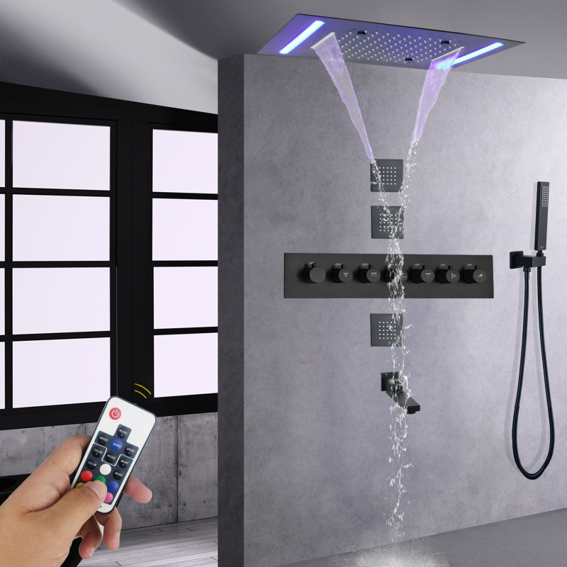 Matte Black Thermostatic Shower Faucet Set 50X36 CM With LED Control Panel Bathroom Spa Massage Shower System