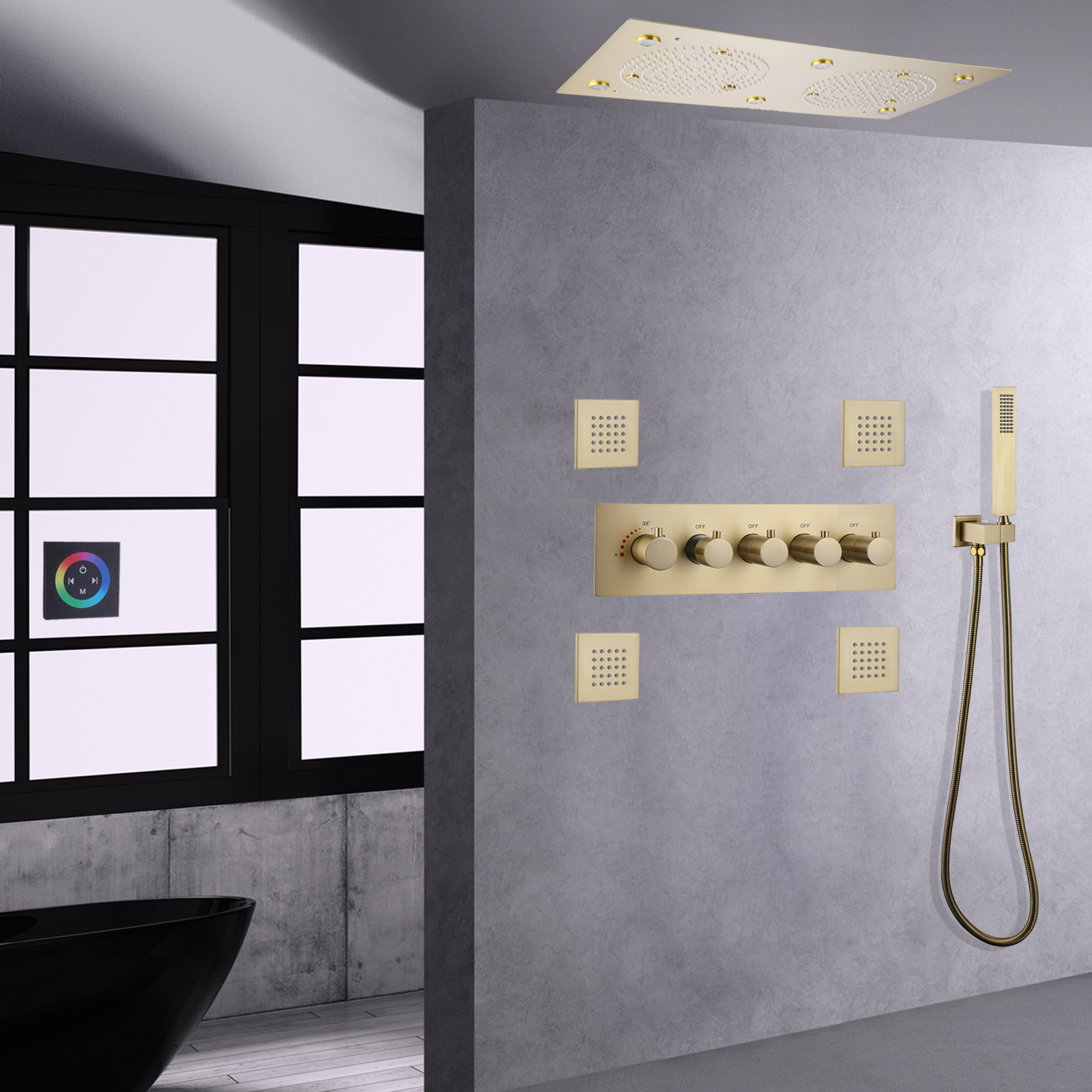 Brushed Gold Thermostatic Shower Head Rainfall LED Bathroom Bath Shower Faucet Set With Handheld Hose