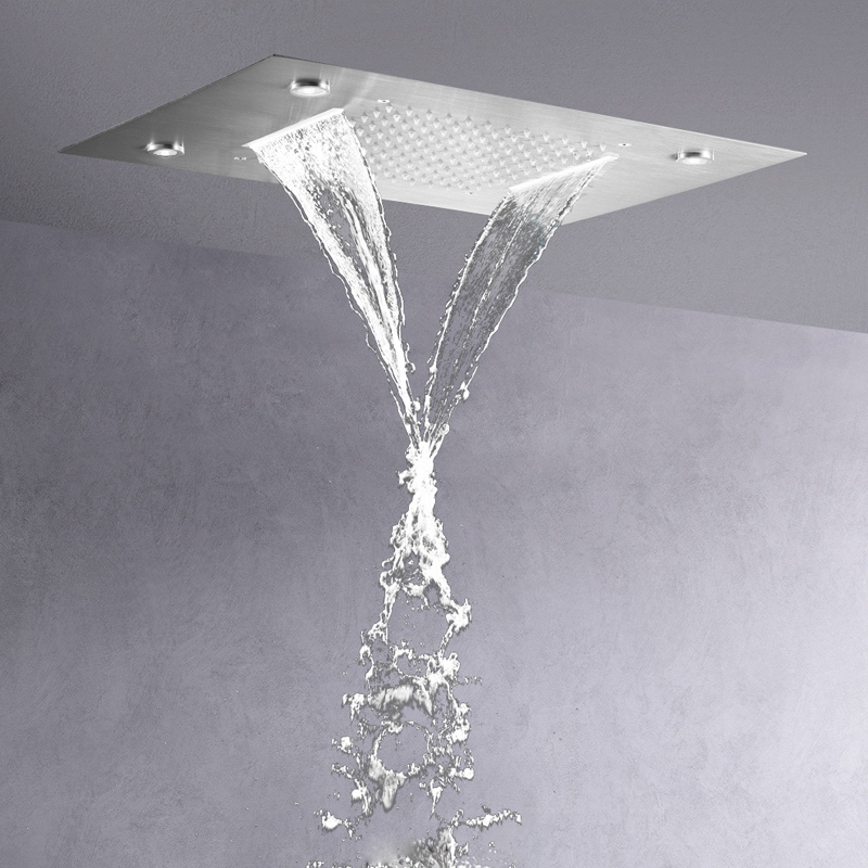 Brushed Nickel 50X36 CM Shower Mixer LED Bathroom Bifunctional Waterfall Rainfall With 3 Color Temperature Changing