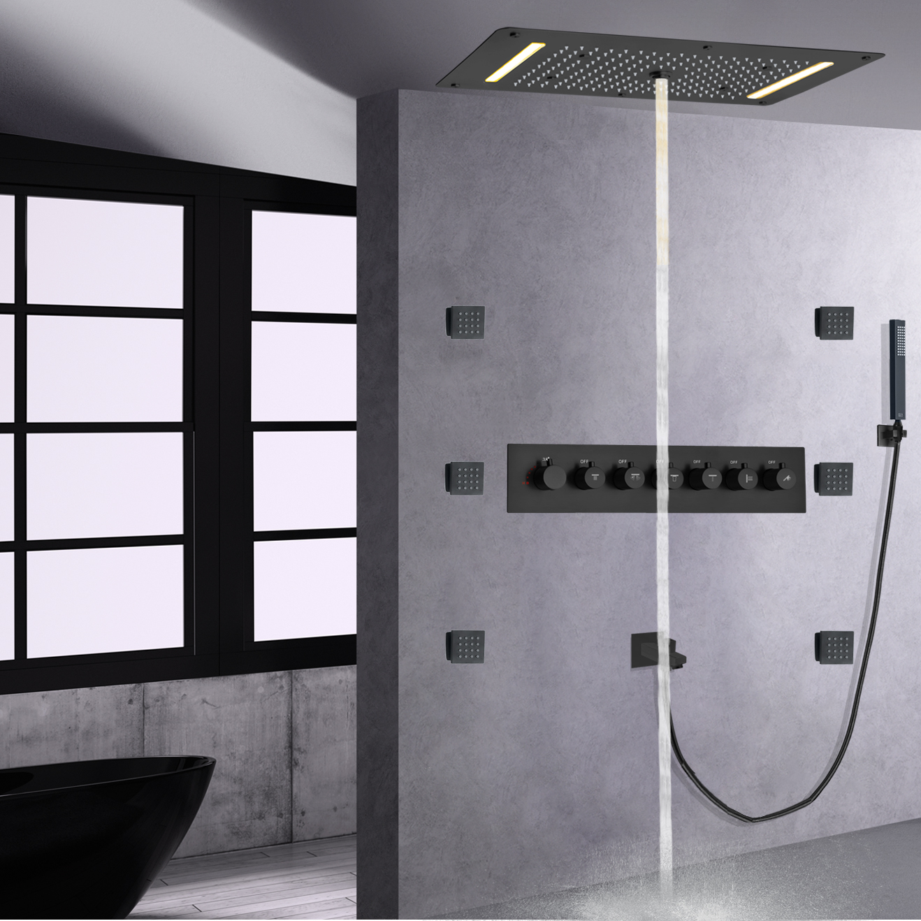 Matte Black LED Thermostatic High Flow Shower Mixer Set Bathroom Waterfall Mist Rain Handheld