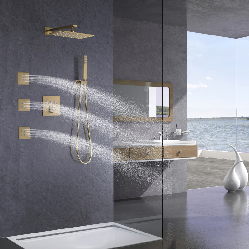 Luxurious Brushed Gold Thermostatic Bath Shower Faucets Rainfall With Brass Handheld