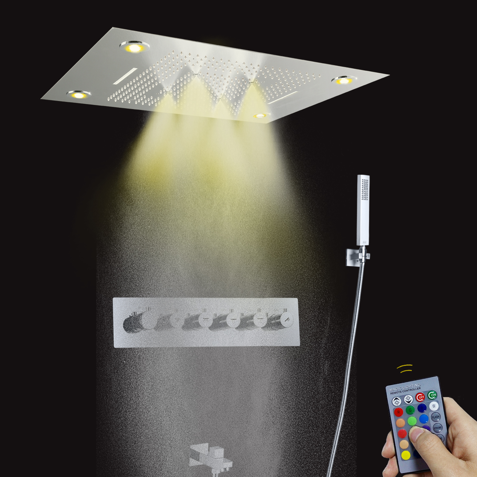 Luxury Large LED Rain Shower Head 800*600MM Chrome 5 Ways Massage Waterfall Thermostatic Rainfall Shower Set