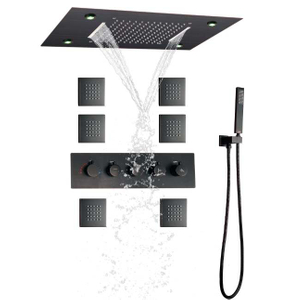 Oil Rubbed Bronze Thermostatic Rain Shower System 14 X 20 Inch LED Bathroom Shower Mixer Set Waterfall Rainfall Shower Head