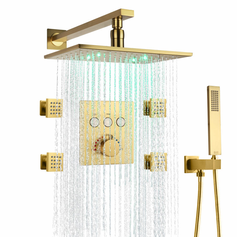 12X8 Inch LED Brushed Gold Thermostatic Push Button Bathroom Shower Faucet Set Rainfall Shower System