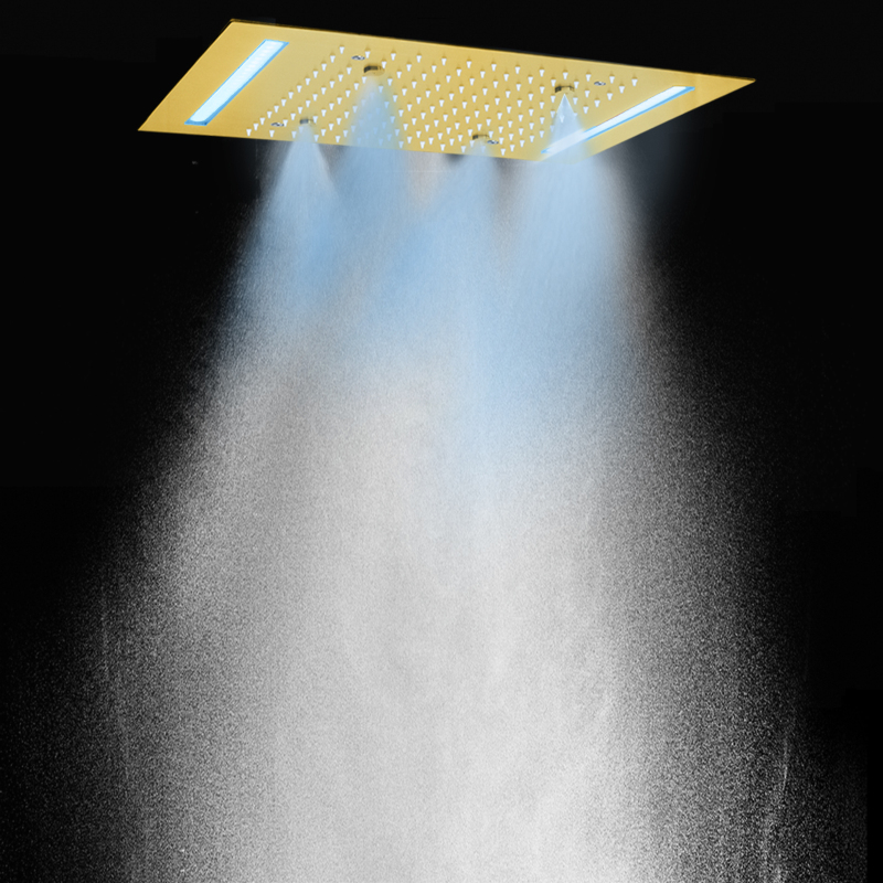 Luxury Brushed Gold 50X36 CM Rain Shower Mixer 7 Colorful LED Bathroom Bifunctional Rainfall Atomizing