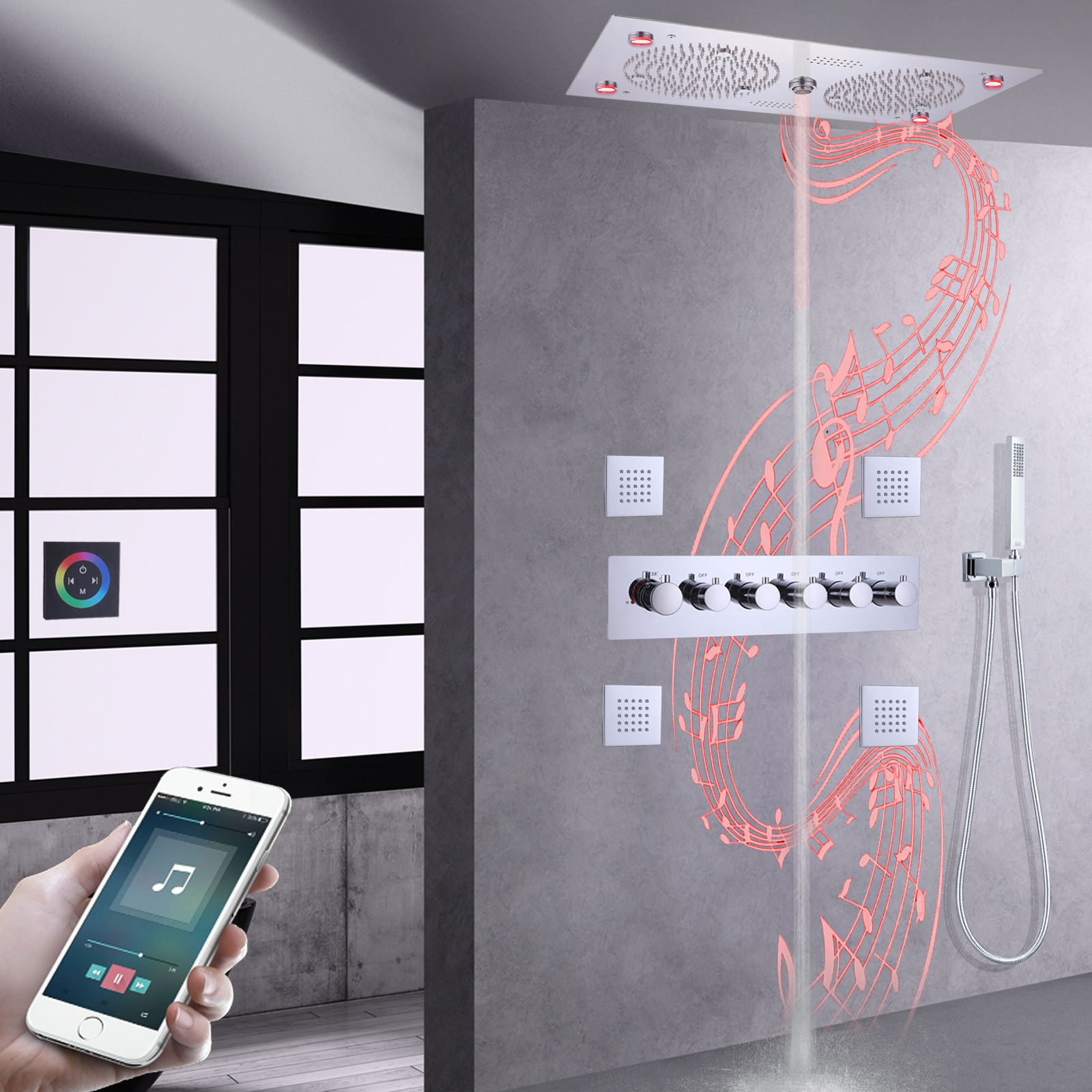 Chrome Polished Thermostatic LED Bathroom Music Shower Column Rain Mist Shower Faucet Handheld Douche Set