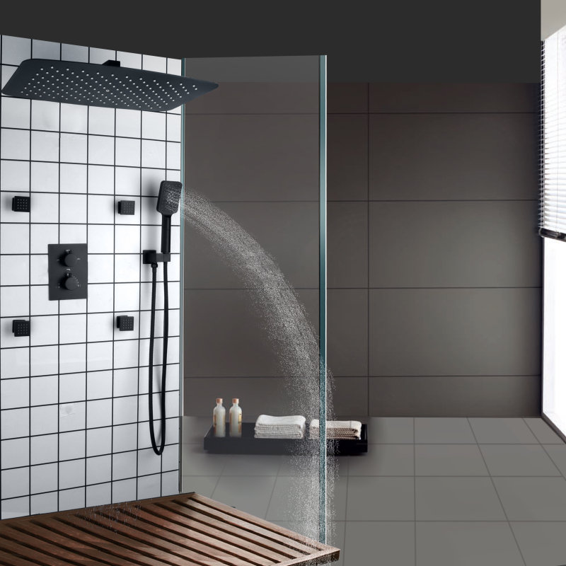 Matte Black Thermostatic Quality Bathroom Shower System Rainfall Mixer Douche Massage Shower Faucet Set