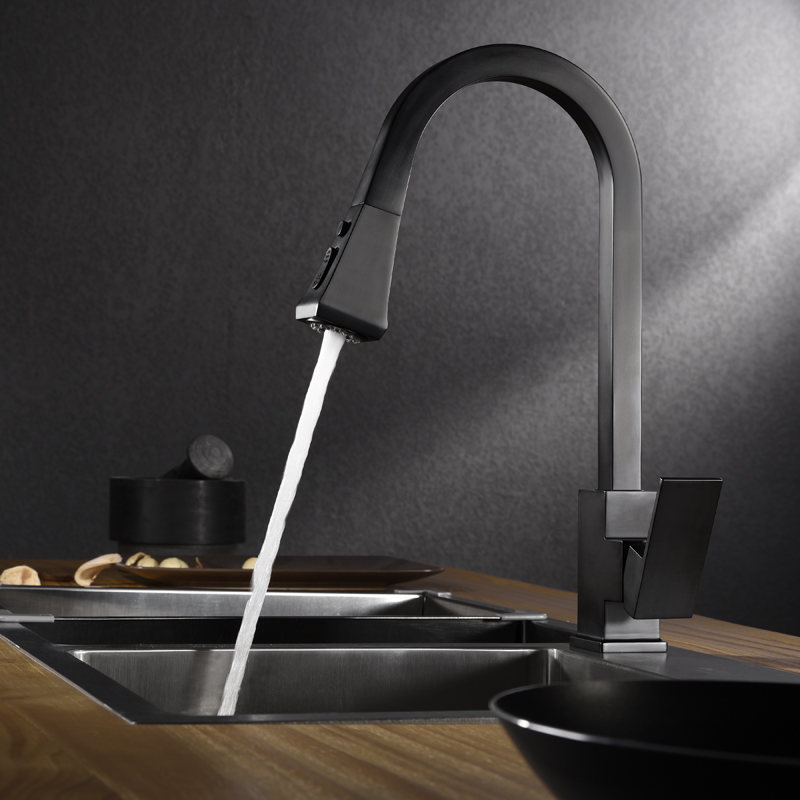 Contemporary Luxury Matte Black Sink Bifunctional Kitchen Faucets Pull Out Single Handle