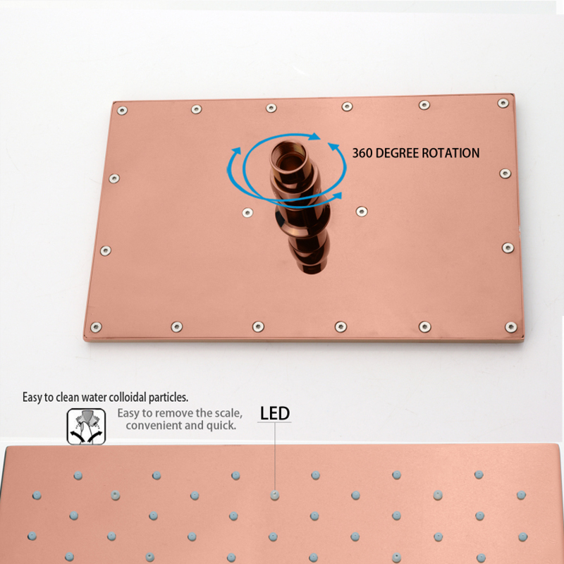 Rose Gold 28X18CM Bathroom Shower Head LED 3 Color Temperature Changing Wall Mount Shower Rainfall