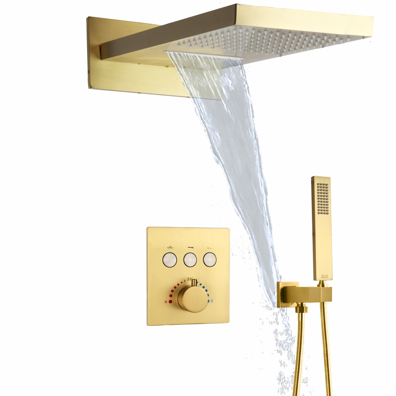 Brushed Gold Thermostatic Shower Wall-Mounted Waterfall Rainfall Shower Set With Handheld