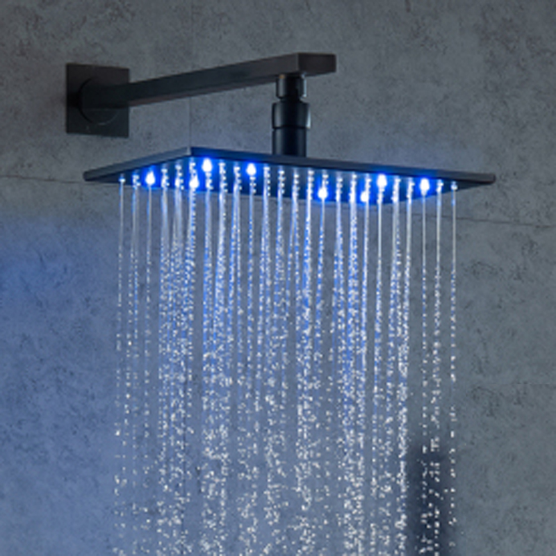 Matte Black 28X18CM Shower Mixer LED 3 Color Temperature Changing Bathroom Wall Mount Rainfall Shower