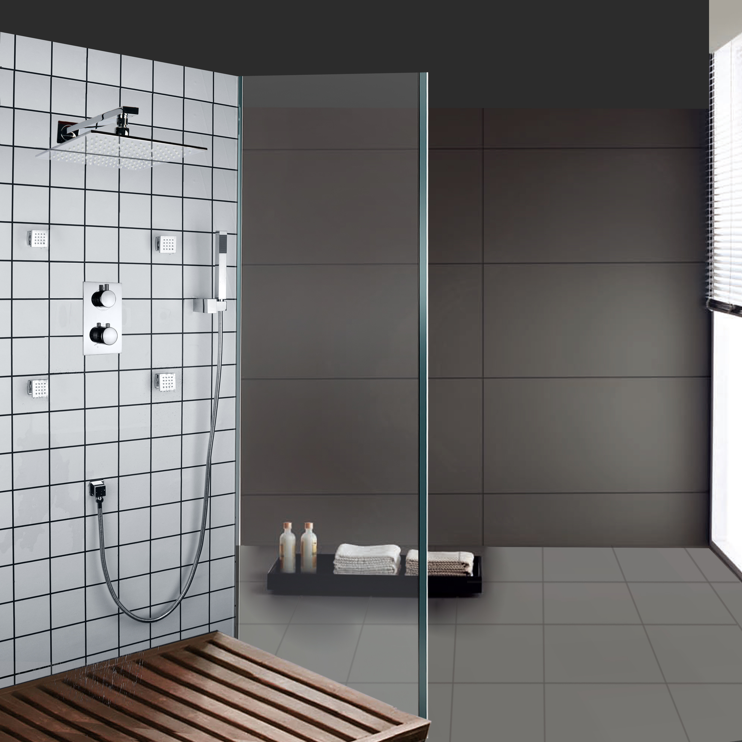 Chrome Polished LED Thermostatic Bathtub Faucet Panel Shower Massage Rainfall Shower Head
