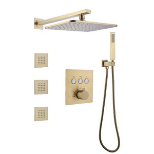 Brushed Gold Thermostatic Shower Mixer 28X18 CM Bathroom In-Wall Installation Massage Rainfall Spray Shower