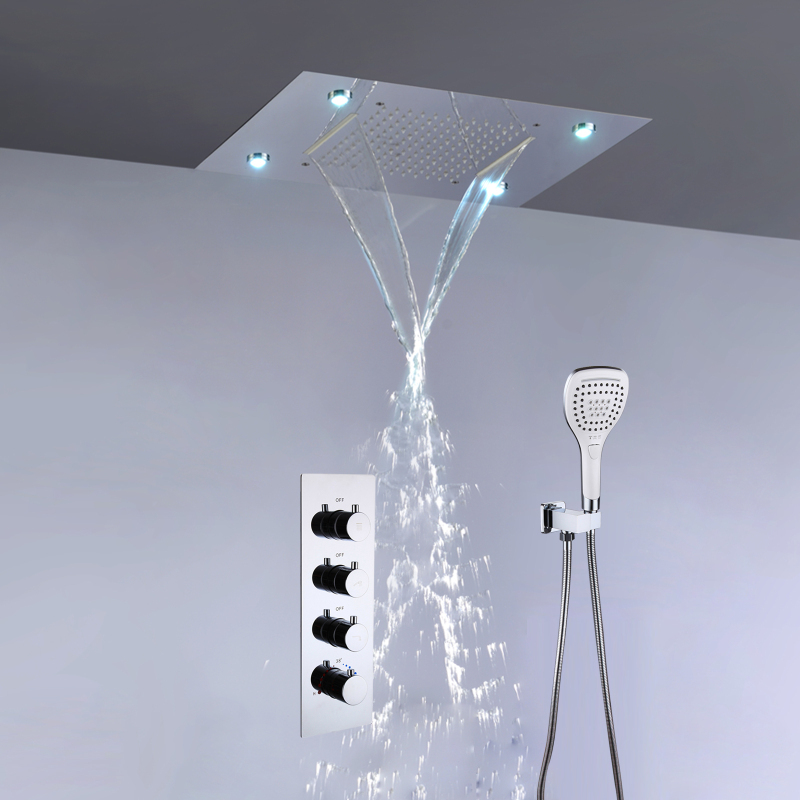 Chrome Polished Shower Set Ceiling 50*36cm Rain And Waterfall LED Shower Head Brass Thermostatic Ti-PVD Bathroom