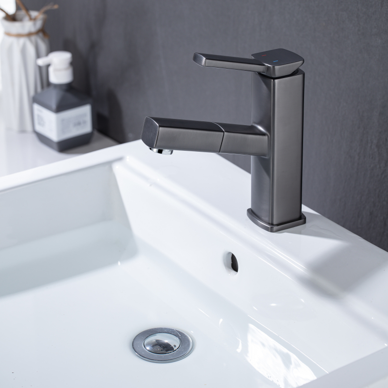 Gun Gray High Pull Out Basin Faucet Bathroom Sanitary Ware Hot And Cold Faucet Sink