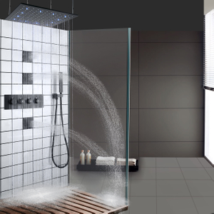 Matte Black Thermostatic Square Faucet LED Shower Faucet Set Panel Rainfall Massage Shower