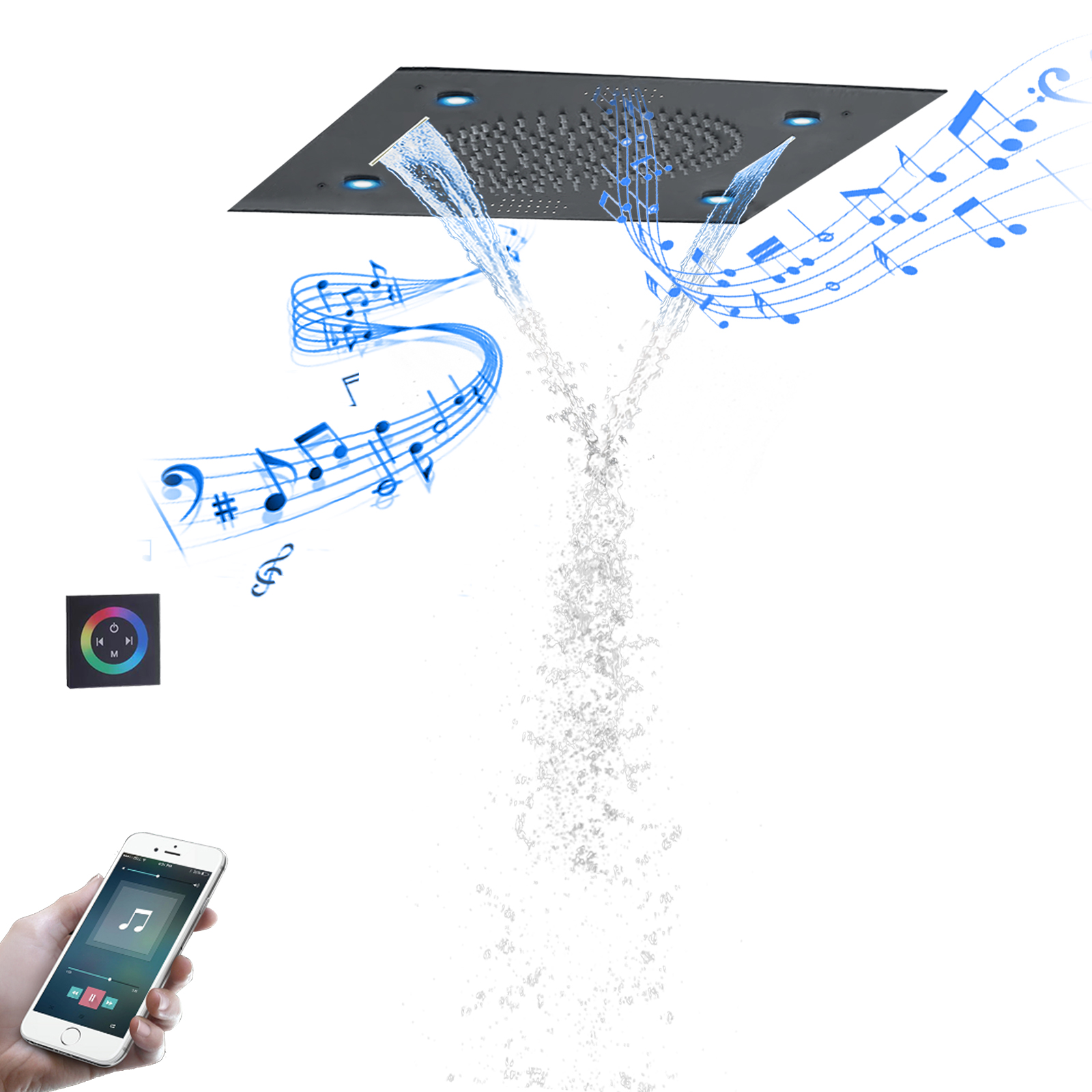 Smart Music Multiple Function Shower Head Rainfall Mistfall Waterfall Water Curtain Remote Control LED Bathroom Shower