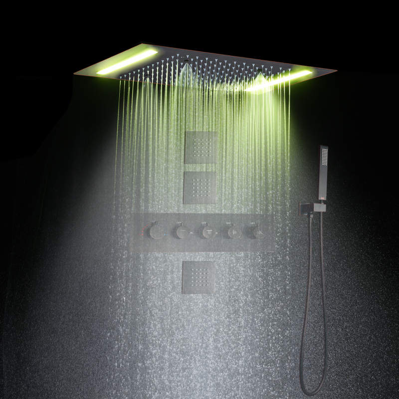 Oil Rubbed Bronze Rainfall Shower Set For Bathroom Rooms With LED Modern Panel 14 X 20 Inch Ceil Rain Electric Shower Head