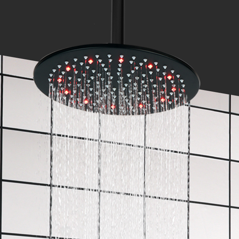 Matte Black 25X25CM Shower Head LED 3 Color Temperature Changing Bathroom Hoisting Shower Rainfall