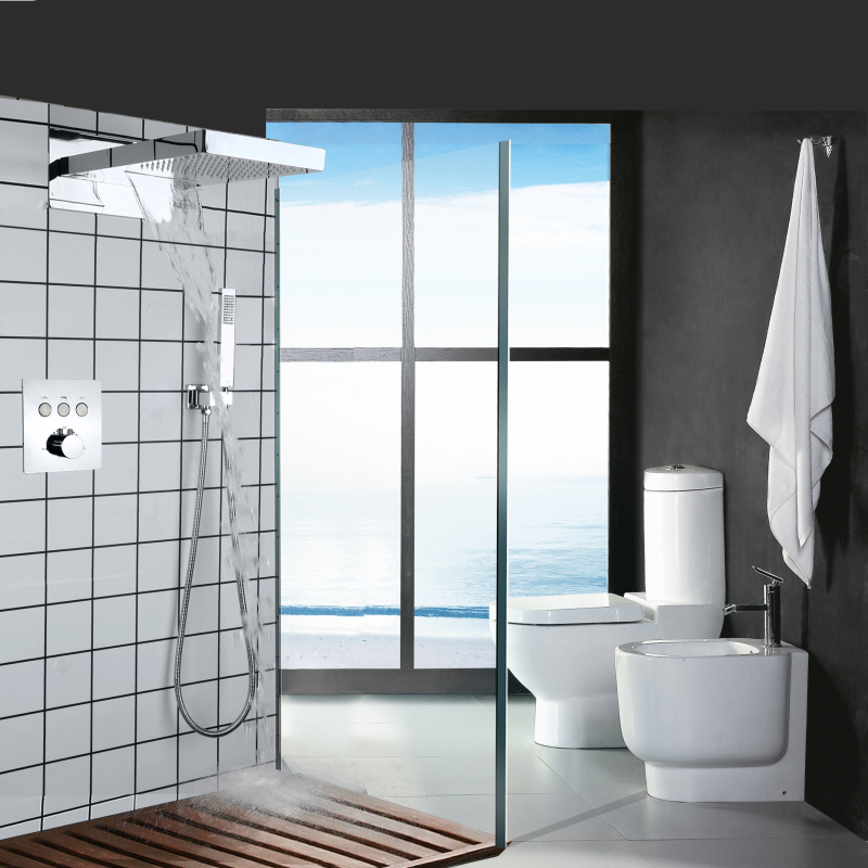 Chrome Polished Thermostatic Shower Set Bathroom Waterfall Rainfall System With Hand Shower Spa